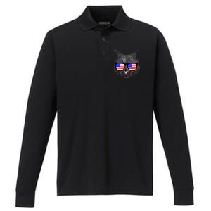 USA Cat Wearing American Flag Glasses Performance Long Sleeve Polo