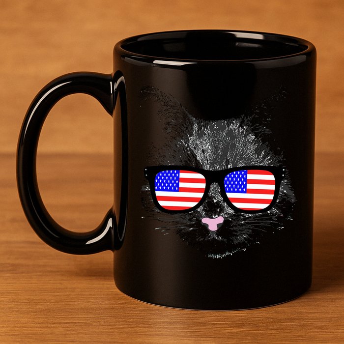 USA Cat Wearing American Flag Glasses 11oz C Handle Ceramic Mug
