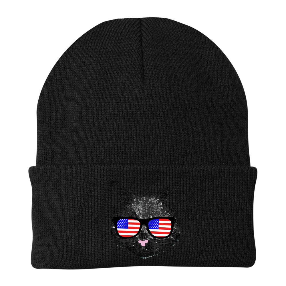 USA Cat Wearing American Flag Glasses Beanie