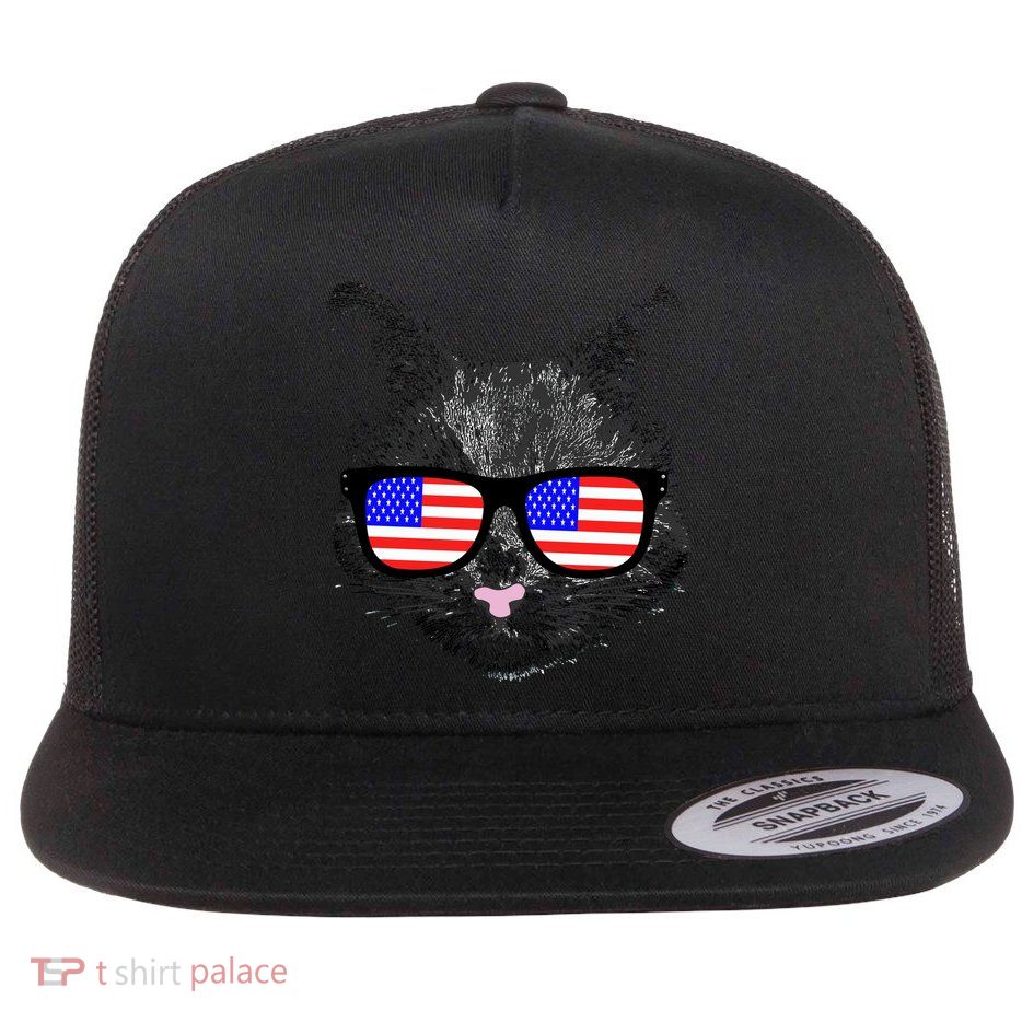 USA Cat Wearing American Flag Glasses Flat Bill Trucker Hat