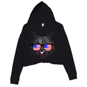 USA Cat Wearing American Flag Glasses Crop Fleece Hoodie