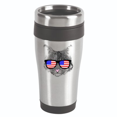 USA Cat Wearing American Flag Glasses 16oz Travel Tumbler