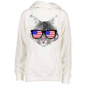 USA Cat Wearing American Flag Glasses Womens Funnel Neck Pullover Hood