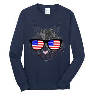 USA Cat Wearing American Flag Glasses Tall Long Sleeve T-Shirt