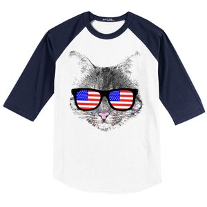 USA Cat Wearing American Flag Glasses Baseball Sleeve Shirt