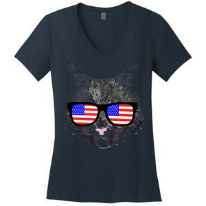 USA Cat Wearing American Flag Glasses Women's V-Neck T-Shirt