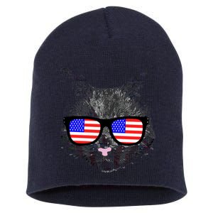 USA Cat Wearing American Flag Glasses Short Acrylic Beanie