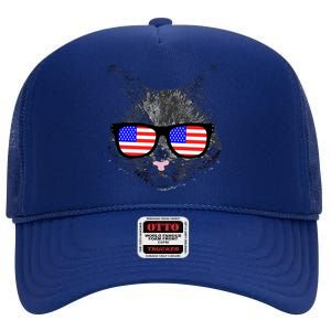 USA Cat Wearing American Flag Glasses High Crown Mesh Back Trucker Hat