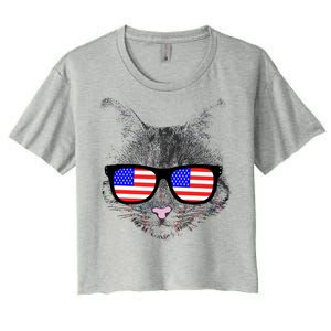 USA Cat Wearing American Flag Glasses Women's Crop Top Tee