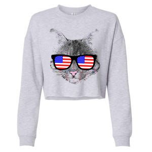 USA Cat Wearing American Flag Glasses Cropped Pullover Crew