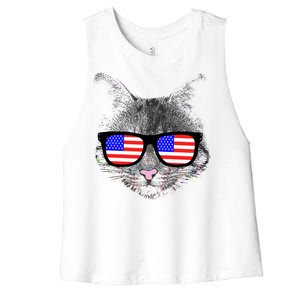 USA Cat Wearing American Flag Glasses Women's Racerback Cropped Tank