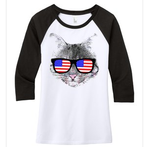 USA Cat Wearing American Flag Glasses Women's Tri-Blend 3/4-Sleeve Raglan Shirt