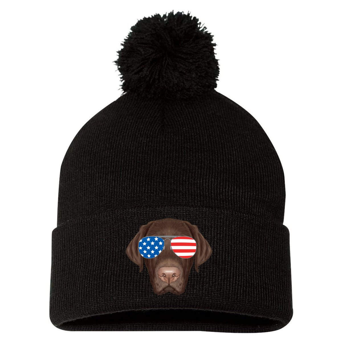 USA Chocolate Lab Dog Pom Pom 12in Knit Beanie