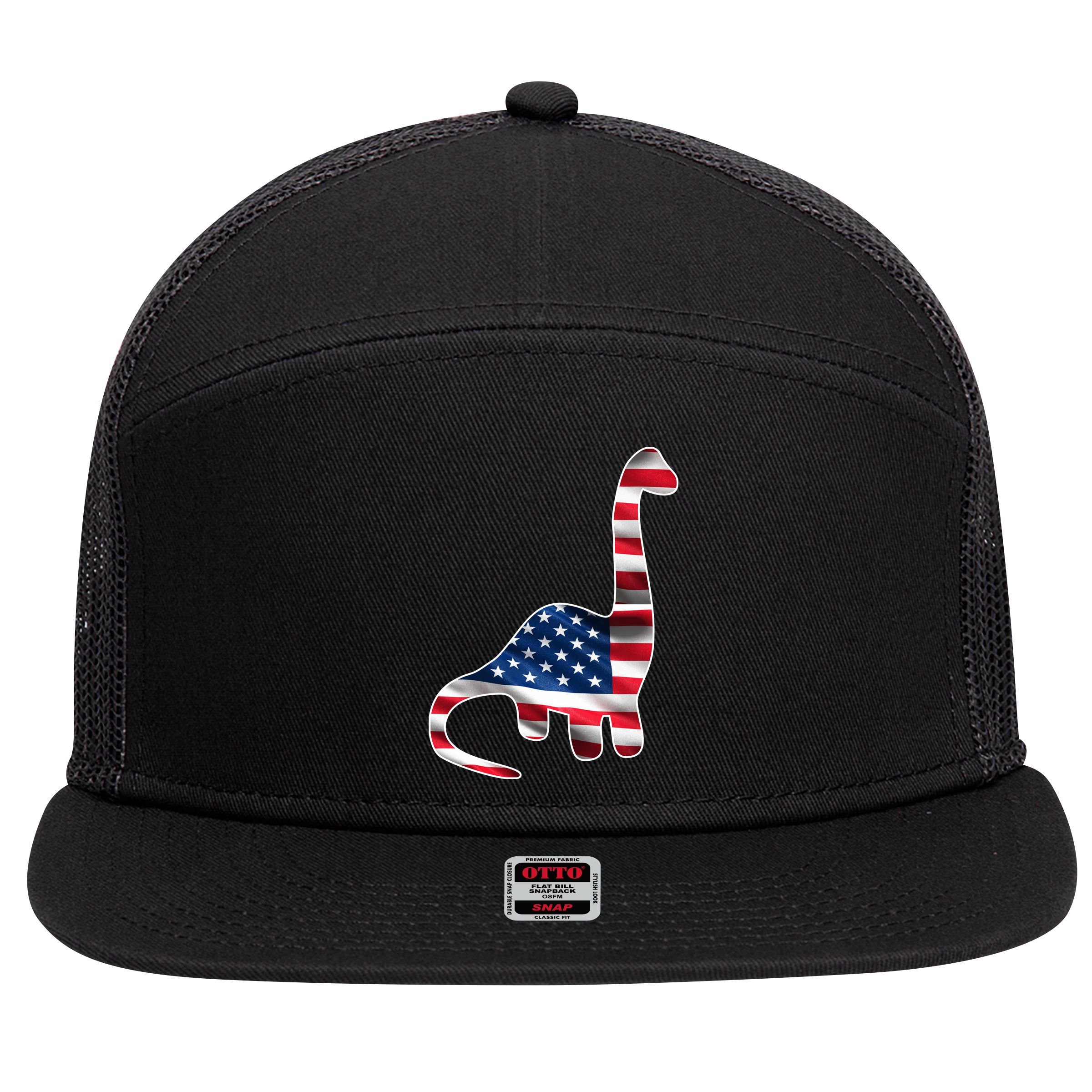 USA Dinosaur American Flag 7 Panel Mesh Trucker Snapback Hat