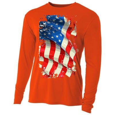 USA Distressed Waving American Flag Cooling Performance Long Sleeve Crew