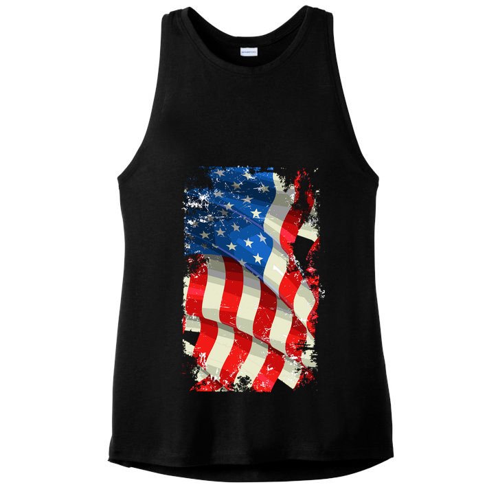 USA Distressed Waving American Flag Ladies PosiCharge Tri-Blend Wicking Tank