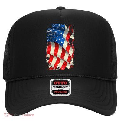 USA Distressed Waving American Flag High Crown Mesh Back Trucker Hat