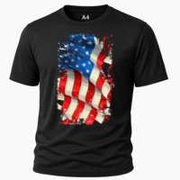 USA Distressed Waving American Flag Cooling Performance Crew T-Shirt