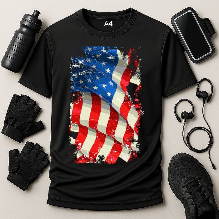 USA Distressed Waving American Flag Cooling Performance Crew T-Shirt