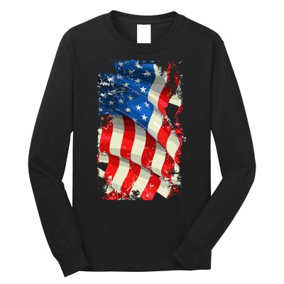 USA Distressed Waving American Flag Long Sleeve Shirt