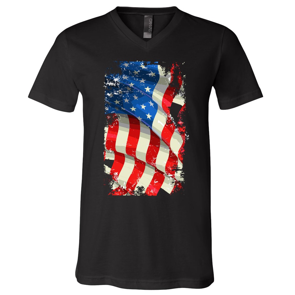 USA Distressed Waving American Flag V-Neck T-Shirt