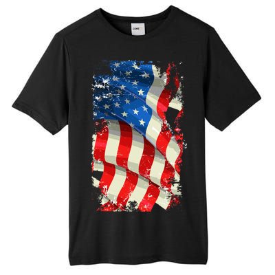 USA Distressed Waving American Flag Tall Fusion ChromaSoft Performance T-Shirt