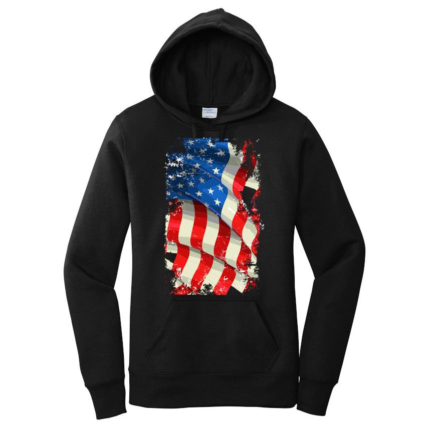 USA Distressed Waving American Flag Women's Pullover Hoodie