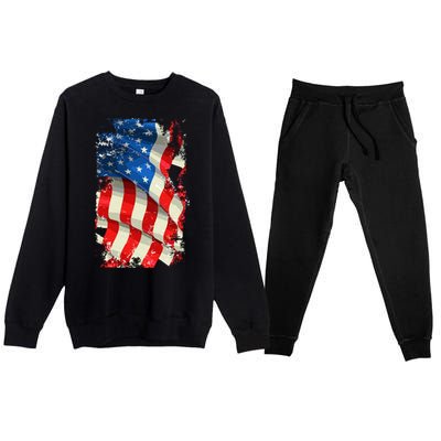 USA Distressed Waving American Flag Premium Crewneck Sweatsuit Set