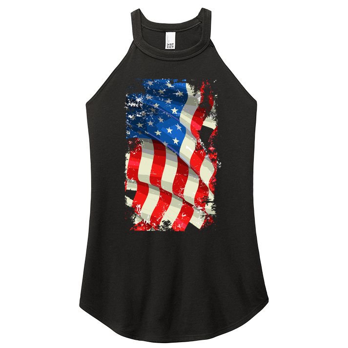 USA Distressed Waving American Flag Women's Perfect Tri Rocker Tank