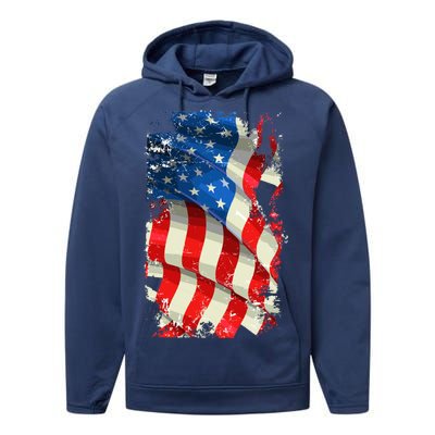 USA Distressed Waving American Flag Performance Fleece Hoodie