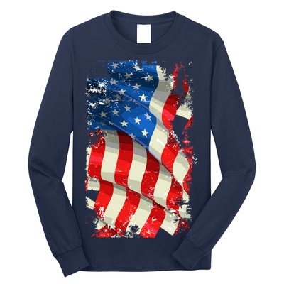 USA Distressed Waving American Flag Long Sleeve Shirt