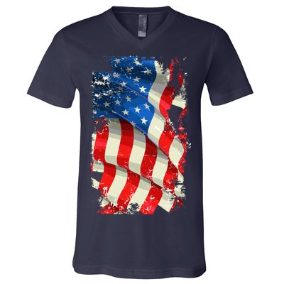 USA Distressed Waving American Flag V-Neck T-Shirt