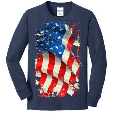 USA Distressed Waving American Flag Kids Long Sleeve Shirt