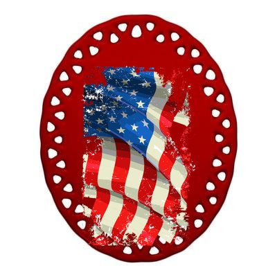 USA Distressed Waving American Flag Ceramic Oval Ornament