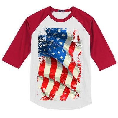 USA Distressed Waving American Flag Kids Colorblock Raglan Jersey