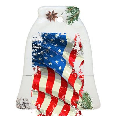 USA Distressed Waving American Flag Ceramic Bell Ornament