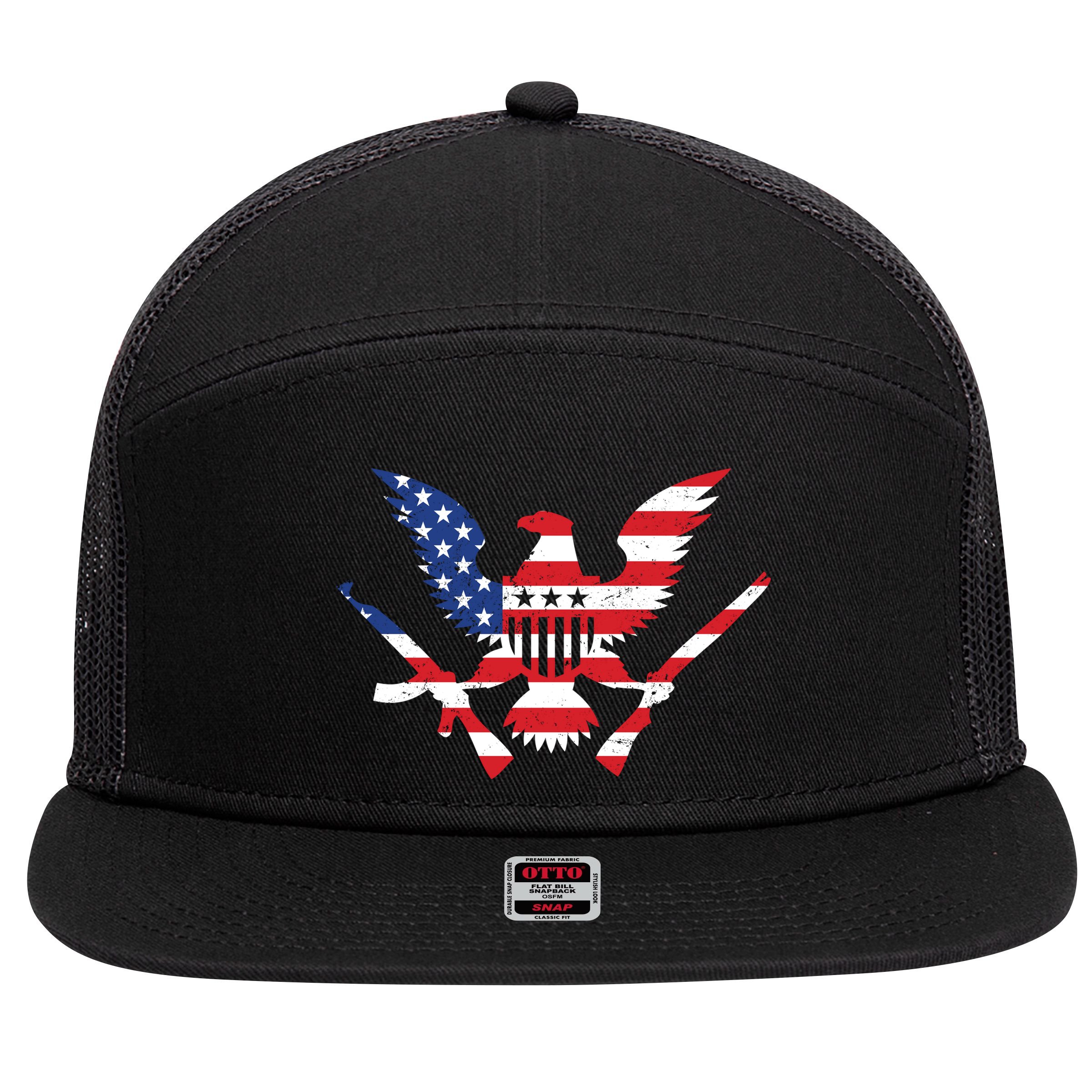 USA Eagle Gun Emblem 7 Panel Mesh Trucker Snapback Hat