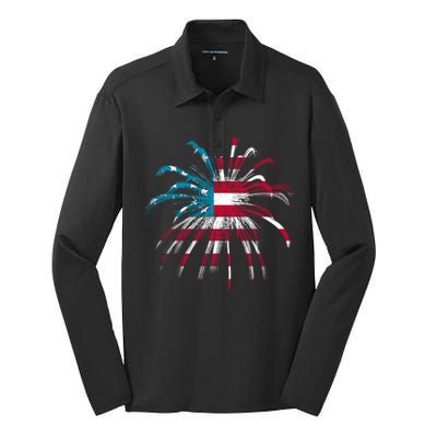 Usa Firework 4th Of July Silk Touch Performance Long Sleeve Polo