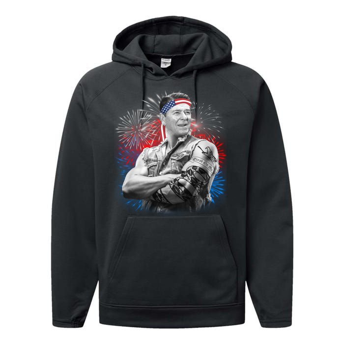 USA Fireworks Patriotic Ronald Reagan  Performance Fleece Hoodie