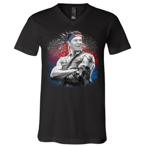 USA Fireworks Patriotic Ronald Reagan  V-Neck T-Shirt