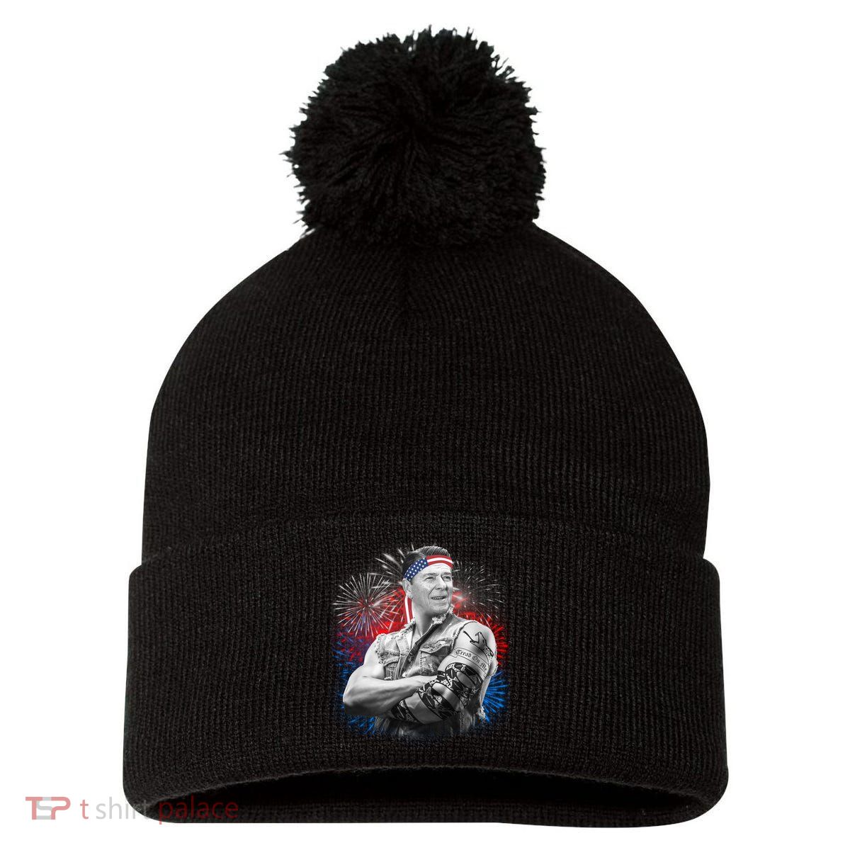 USA Fireworks Patriotic Ronald Reagan  Pom Pom 12in Knit Beanie