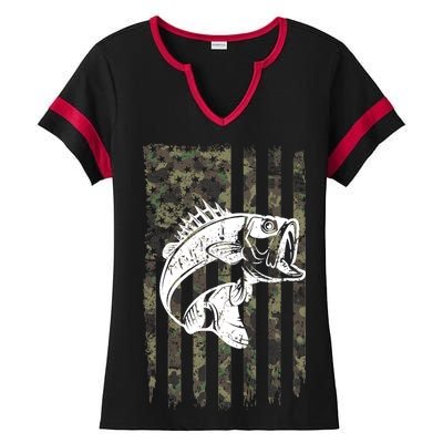 USA Flag Camo Camouflage Fish Ladies Halftime Notch Neck Tee