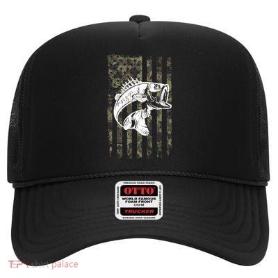 USA Flag Camo Camouflage Fish High Crown Mesh Back Trucker Hat