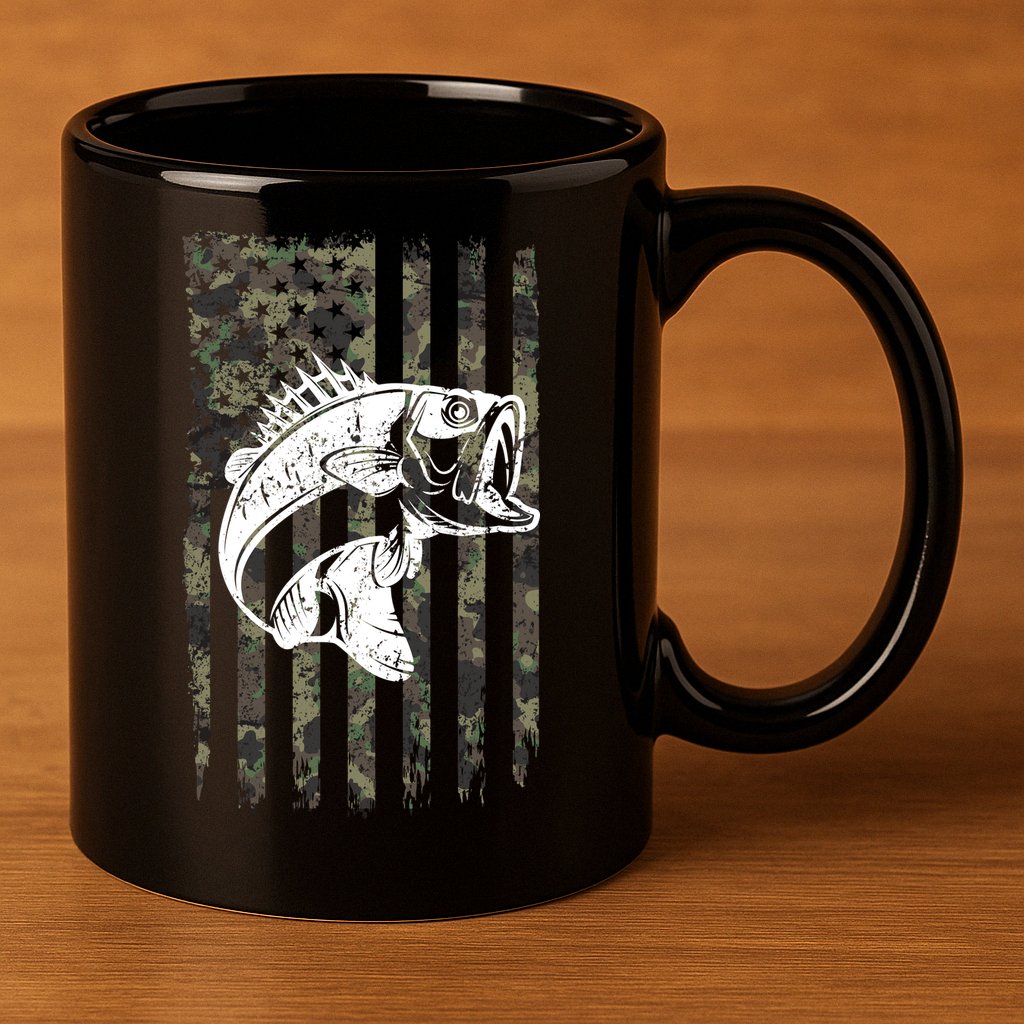 USA Flag Camo Camouflage Fish 11oz C Handle Ceramic Mug