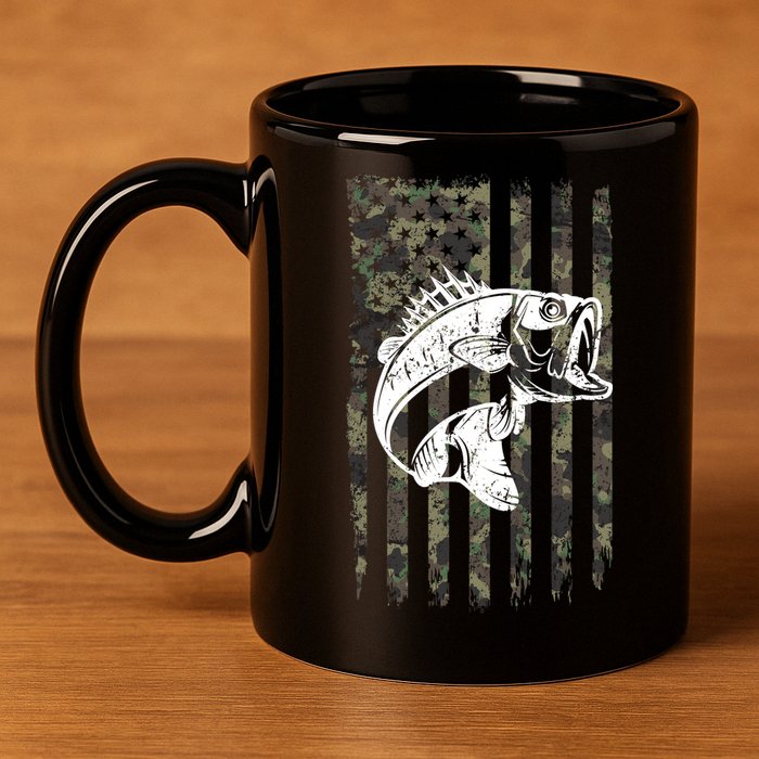 USA Flag Camo Camouflage Fish 11oz C Handle Ceramic Mug
