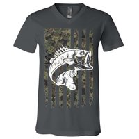 USA Flag Camo Camouflage Fish V-Neck T-Shirt