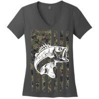 USA Flag Camo Camouflage Fish Women's V-Neck T-Shirt