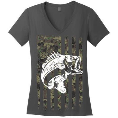 USA Flag Camo Camouflage Fish Women's V-Neck T-Shirt