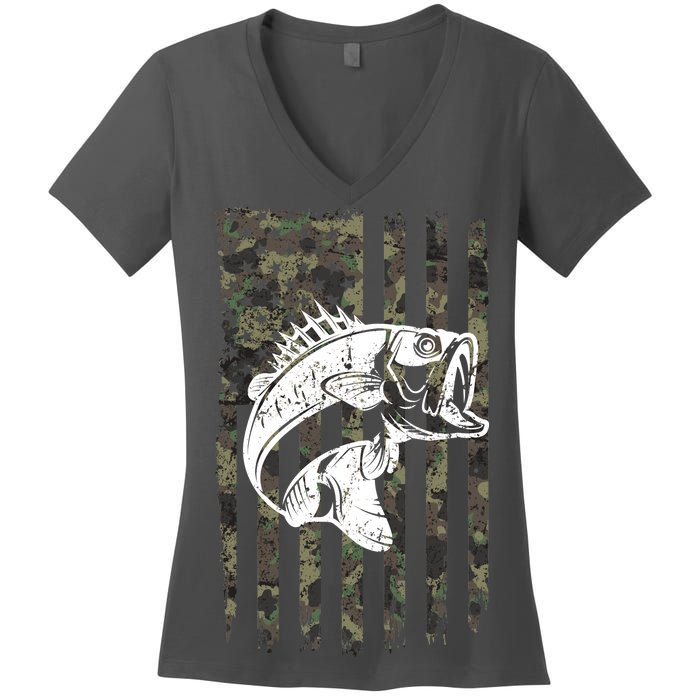 USA Flag Camo Camouflage Fish Women's V-Neck T-Shirt