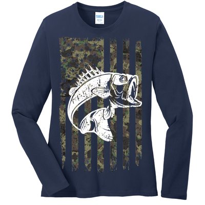 USA Flag Camo Camouflage Fish Ladies Long Sleeve Shirt